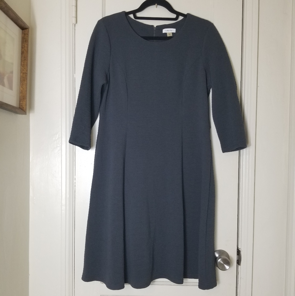 CALVIN KLEIN 14 gray ribbed knit 3/4 sleeve dress